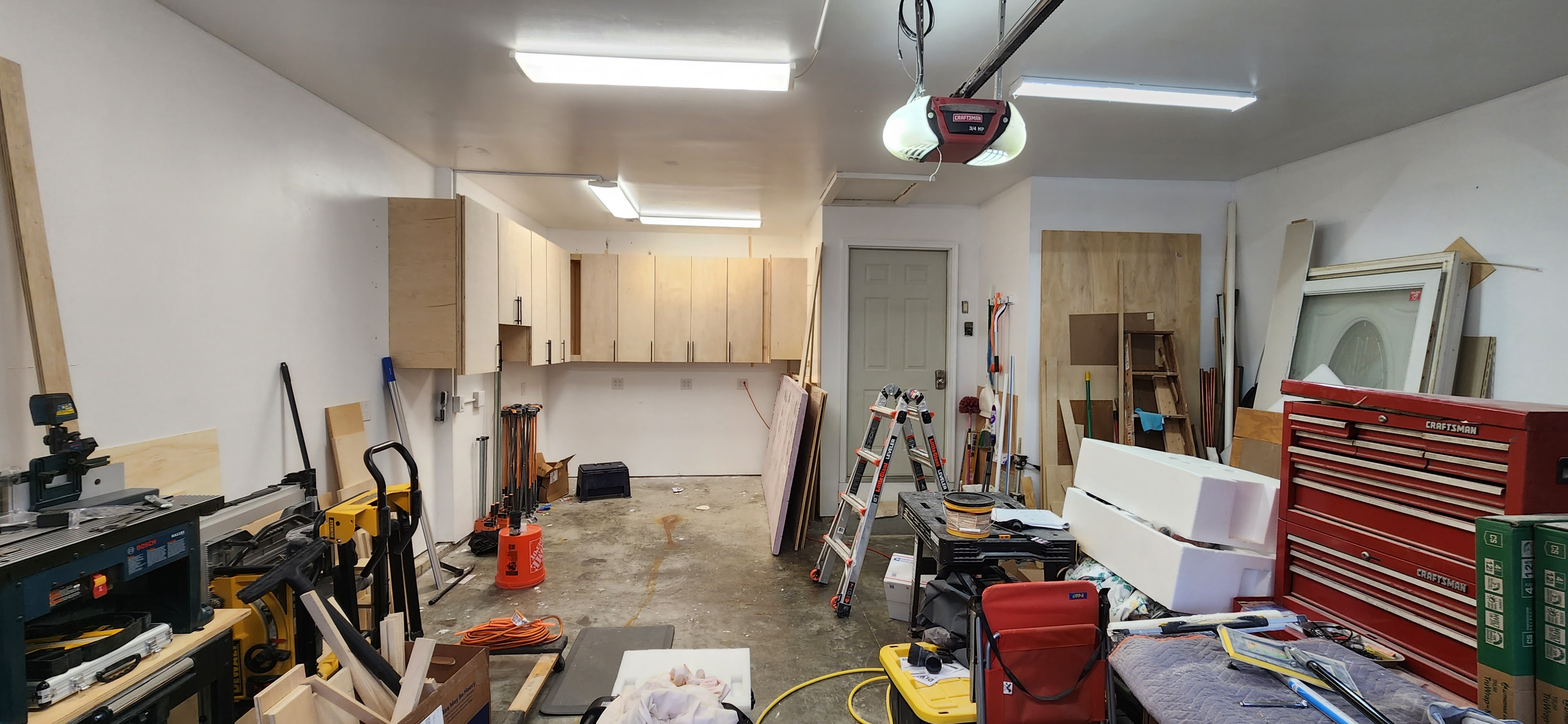 Current state of garage workshop conversion showing latest progress and improvements